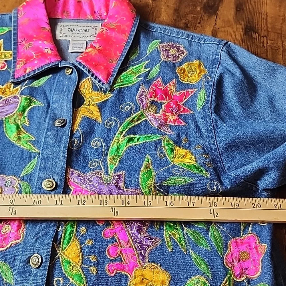 TANTRUMS | Vintage Bright Dopamine Floral Ribbon Embroidered Denim Jacket | L - Picture 11 of 12